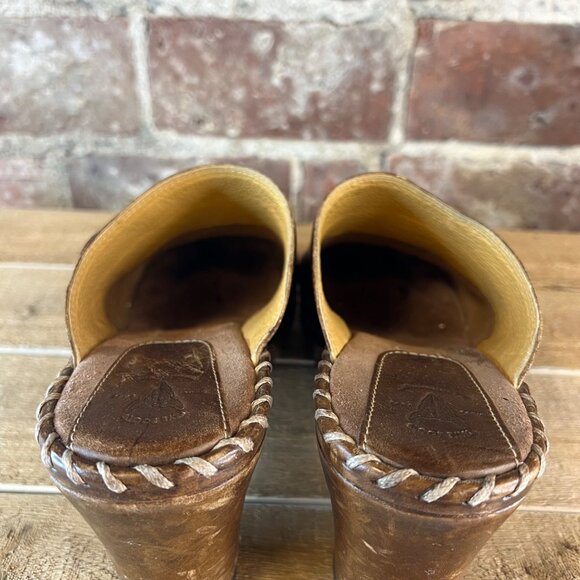 Frye Charlotte Women's Brown Leather Slip on Heeled Mules Clogs Size 8.5 - Picture 9 of 12